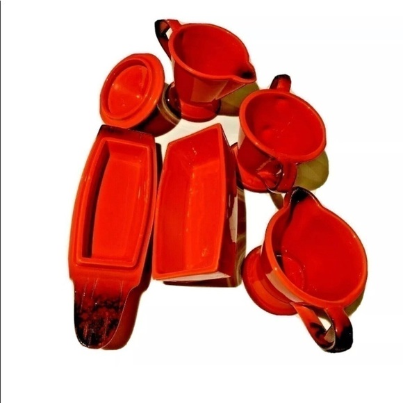 VINTAGE Metlox Poppy trail Red Rooster 2 Creamer, Sugar And Butter Dishware SET - Picture 3 of 3